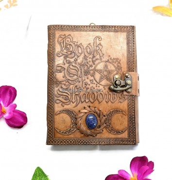 Leather `Book of Shadows` Journal with Lapis Lazuli and Flower of Life Design